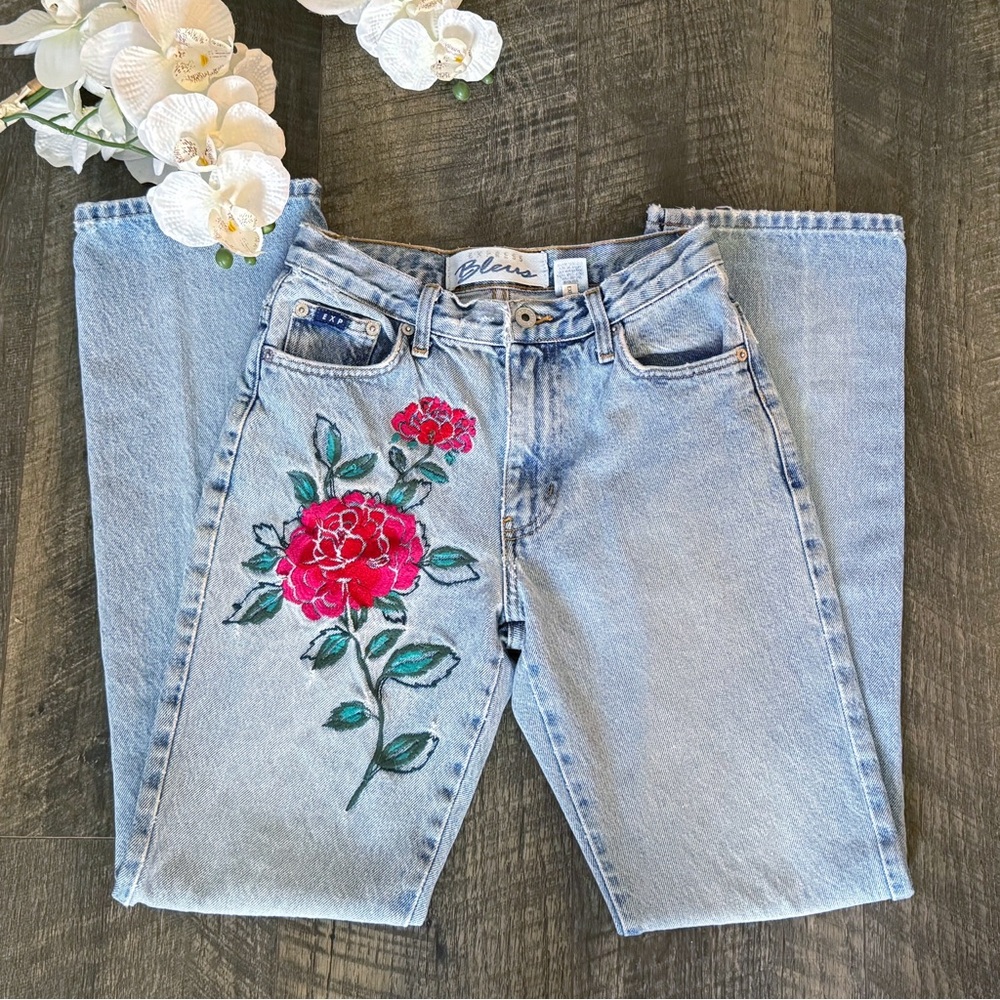 VINTAGE Express Bleus 90’s Jeans with Floral Embroidery Size 1/2